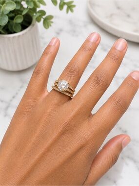 14K Gold Filled Round CZ Solitaire Ring with Eternity Band Set Size 8 Bridal